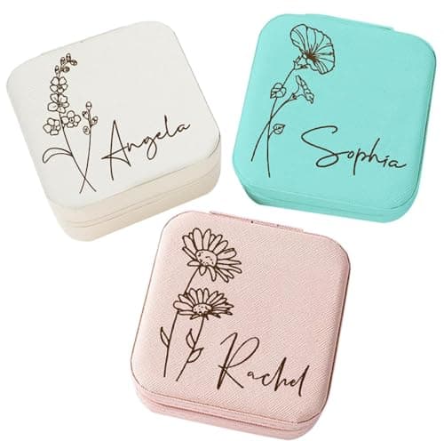 Corissy Personalized Jewelry Box for Women, Custom Travel Jewelry Case with Name and Birth Flower, Leather Jewelry Box for Rings, Earrings, Necklaces, Personalized Gifts for Women - Image 1
