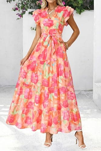 dowerme Women Summer Maxi Dresses 2026 Ruffle Sleeve V Neck Floral Boho Long Dress Belted Tiered Sundress with Pockets(Orange Red Big Floral,X-Large) - Thumbnail 5