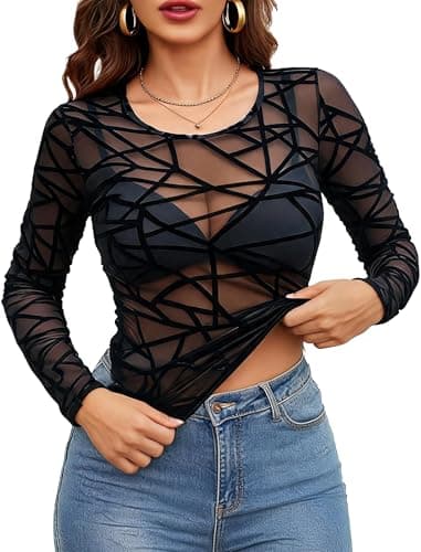 Avidlove Black Mesh Top Long Sleeve Mesh Undershirt Concert Outfits Women Black See Through Top Club Shirts Geometric XXL