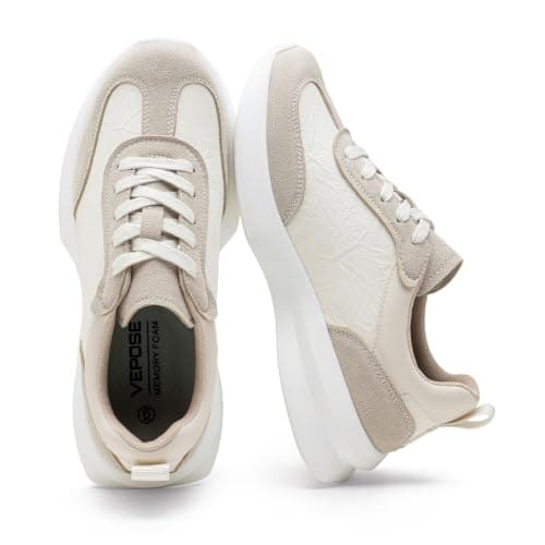 Vepose Women's Beige PU Suede Retro Platform Sneakers, Size 10, 8216 - Image 1
