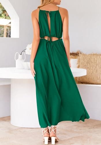 BTFBM Women Halter Summer Dresses 2026 Sleeveless Cutout Backless Sundress Slit Boho Maxi Beach Wedding Guest Dress(Dark Green, Medium) - Thumbnail 6