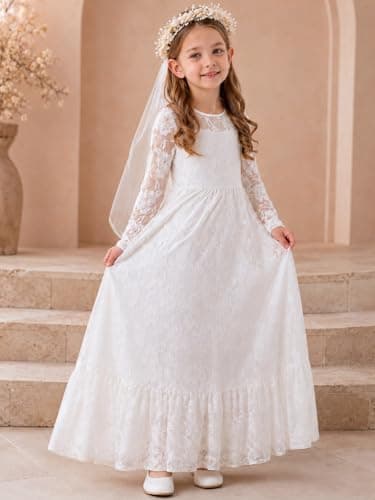 ALLOVIN Toddler & Girls Long Sleeve Lace Flower Girl Dress Maxi Boho A-Line Dress for Wedding Baptism 1st Communion | White | 3-4T - Thumbnail 4
