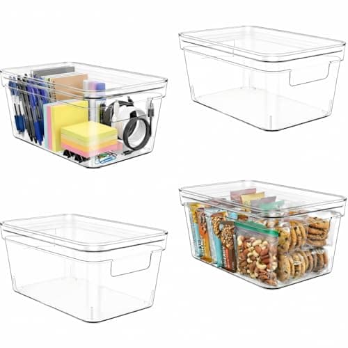 MOONEDGE Clear Plastic Storage Bins with Lids and Handles – Stackable Organizer Containers for refrigerator, Kitchen, Pantry, Bathroom, Closet, Laundry Room, Office – 4 Pack (10×6×5 in)
