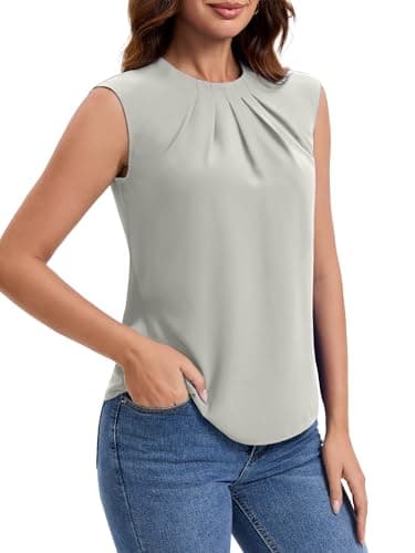 Funlingo Womens Dressy Casual Tops Summer Short Cap SleeveTunic Blouses Crew Neck Office Work Shirts Spring Business Clothing Grey 3XL - Thumbnail 4