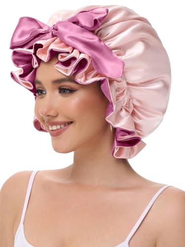 Vettres Bonnet for Sleeping, Satin Silk Hair Shower Cap Women 2026 Tie Band Adjustable Straps Head Wrap for Curly Hair Pink F - Thumbnail 5