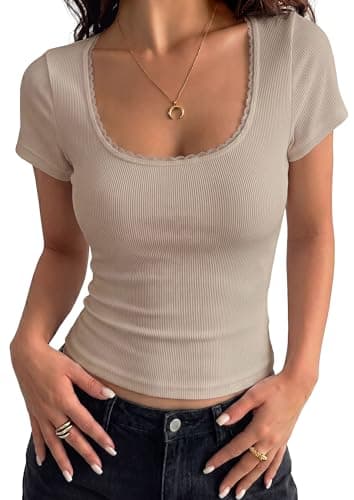 PRETTYGARDEN Women's Short Sleeve Tops 2026 Summer Lace Trim Square Neck Slim Fitted Going Out Basic Tee Shirts Y2K Clothes (Khaki,Small) - Image 1