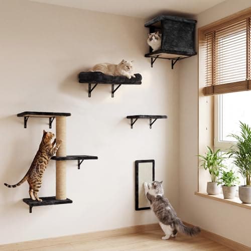 Cat Wall Shelves 5-in-1 Cat Wall Furniture Set for Large Cats, Floating Wall Mounted Cat Climber with Steps, Condo, Scratch Pad and Scratching Post, Space Saving Cat Shelves for Indoor Cats - Image 1