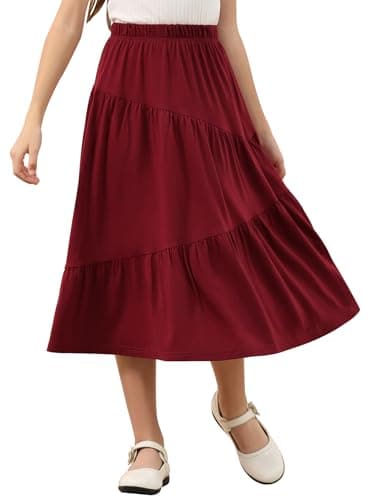 GORLYA Girls Holiday Casual Asymmetrical Tiered Ruffle Hem Long Swing Boho Fancy Maxi Skirt 6-14Y(GOR1231,8Y,Wine Red) - Image 1