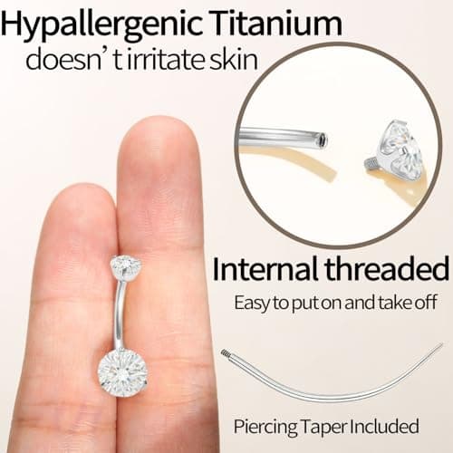 hooppoo Sparkling Moissanite Belly Button Ring, 14G G23 Surgical Grade Titanium with 14K Gold Plated | Internally Threaded & Hypoallergenic for Sensitive Skin | Unisex Body Jewelry (Silver) - Thumbnail 4
