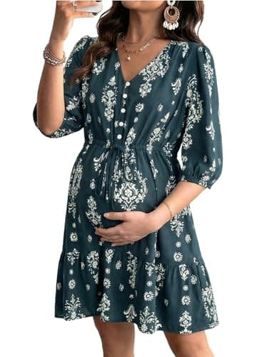 BLENCOT Women's Long Sleeve V Neck Button Down Boho Mini Dress Casual Flowy Floral Printed Summer Dresses Swing Dress Maternity Nursing Blue 2XL - Image 1