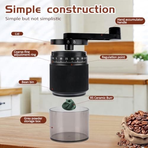 Manual Coffee Grinder - 95 Ceramic Burr, Adjustable Coarse to Fine, 30g Beans & 80ml Powder, Detachable Handle for Espresso, French Press, Camping (Black) - Thumbnail 5