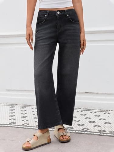 PEIHOT Mid Rised Barrel Jeans for Women Trendy Boyfriend Stretch Wide Leg Cropped Denim Pants with Pockets Black - Thumbnail 4