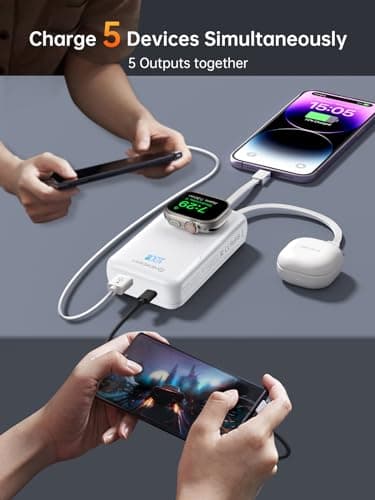 NEWDERY 5-in-1 Portable Charger 20000mAh Power Bank for Apple Watch/iPhone, PD 20W Fast Charging with LED Display, Built-in 2 Cables, Travel Battery Pack Compatible with iWatch, iPad, Samsung - Thumbnail 3