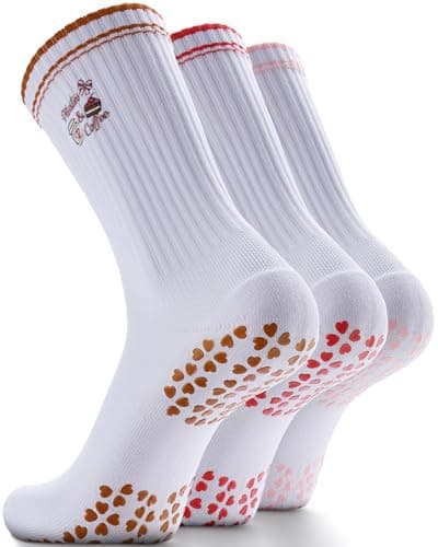NSRRUN TURTLE Non-Slip Pilates Grip Socks for Women - Embroidery Crew Sock with Sticky Sole, Ideal for Yoga, Workout, & Barre, Small, 3 Pairs -Brown&Red&Pink - Image 1