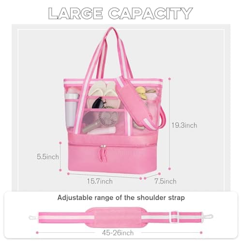 WOOMADA Beach Tote Bag With Cooler, Large Mesh Beach Bags for Women with Wet Pocket, Pool, Swim, Travel Essentials(Hot Pink White) - Thumbnail 5