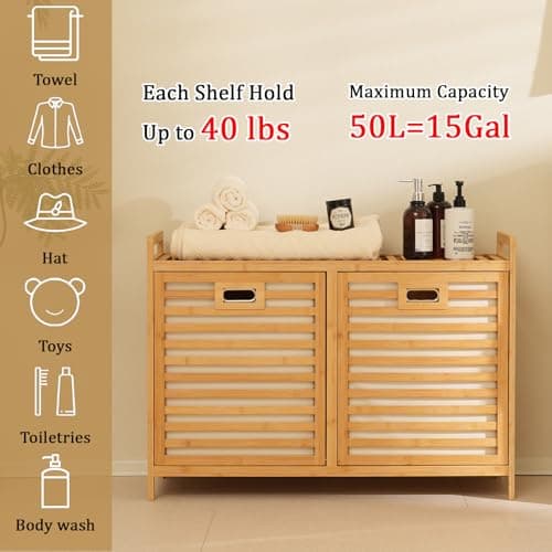 Baveke Bamboo Tilt Out Laundry Hamper with Shelves, Hidden Laundry Hampers with 2 Removable Bag, Pull Out Laundry Hamper Cabinet, Bathroom Storage Shelf for Laundry Room, FSC-Certified, Natural - Thumbnail 3