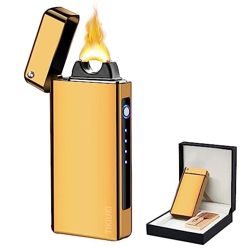 TIKIUKI Electric Lighter Rechargeable, Windproof Arc Lighter USB Plasma Lighters with Visual Battery, Cool Vintage Lighters Custom Design, Zinc Alloy Body for Outdoor Camping Candle Gift（Gold） - Image 1