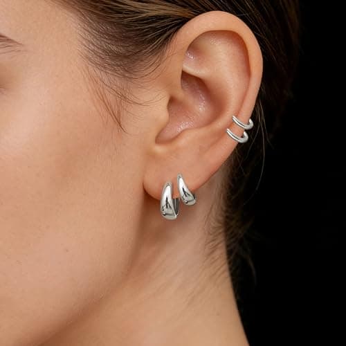 ALLHOLA 6 Pairs 14K Gold Plated Hoop Earrings for Women Hypoallergenic Small Huggie Hoops Earring Set for Sensitive Ears Non Tarnish Trendy Chunky Gold/Silver Earrings Cartilage Stacks for Multiple Piercing Jewelry Lightweight (Silver hoops) - Thumbnail 3