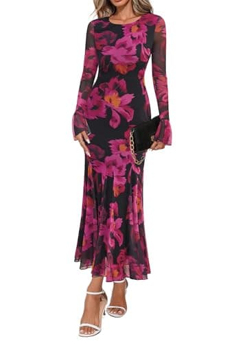 Lazysmile Women's Long Sleeve Floral Maxi Dresses Fall Formal Crewneck Bodycon Mesh Ruffle Wedding Guest Cocktail Party Dress Black Rose Red - Image 1