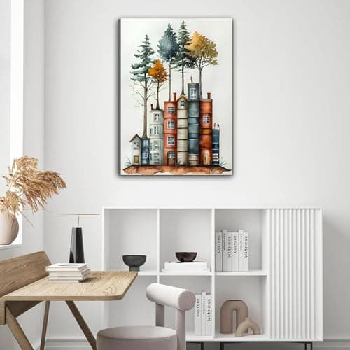 PUUZDGDZ Reading Book Lover's Canvas Wall Art Whimsical Tree House Wall decor pictures Book-shaped house Poster Painting Prints for Gallery Living Room Home Decoration (16inx24in canvas) - Thumbnail 3