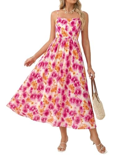 GRACE KARIN Summer Floral Maxi Sundresses for Women 2026 Spaghetti Strap Beach Boho Dress Casual Fashion Clothes with Pocket Orange Pink S - Image 1