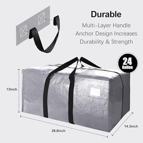 VELVETSURE Heavy Duty Extra Large Moving Bags W/Backpack Straps - Strong Handles & Zippers, Storage Totes For Space Saving, Fold Flat, Alternative to Moving Box and Storage Bin (Set of 6, Silver) - Thumbnail 2