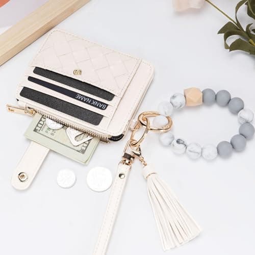 Airkit Wristlet Wallets for Women, Keychain RFID Blocking Credit Card Holder, Small Girly Wallet with Bracelet, Silicone Beaded Tassel Key Ring Card Holder, White - Thumbnail 3