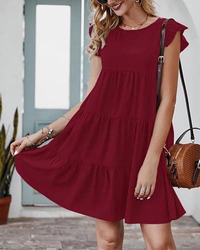 KIRUNDO Wedding Guest Dresses for Women Short Summer Sleeveless Ruffle Sleeve Round Neck Loose Short Flowy Pleated Tiered Mini Dress(Wine Red, Large) - Thumbnail 6