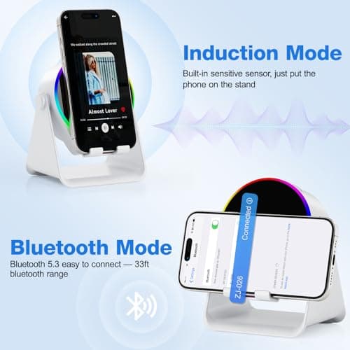 TARKARI Wireless Induction Speaker, 5 in 1 Bluetooth Speaker, 360° Rotation Cell Phone Stand and Colorful Ambient Light, Compatible with iPhone iPad Android Tablet, Birthday Gifts for Men Women Him - Thumbnail 4