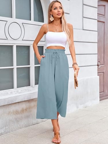 KORSIS Women Capri Pants Wide Leg High Waisted Casual Spring Dressy Palazzo Vacation Beach Tie Belt Trousers with Pockets Blue Gray Large - Thumbnail 5