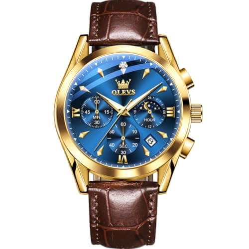 OLEVS Gold Watches for Men Brown Leather Mens Watches Dress Big Face Blue Mens Wrist Watch Luxury Chronograph Analog Quartz Waterproof Luminous Date Moon Phase Diamond Vintage Relojes para Hombres - Image 1