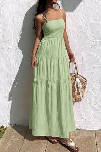 Okiwam Women's Summer Dress 2026 Casual Boho Sleeveless Spaghetti Strap Smocked Maxi Dress Ruffle Long Beach Sundresses-XXL Light Green - Thumbnail 4