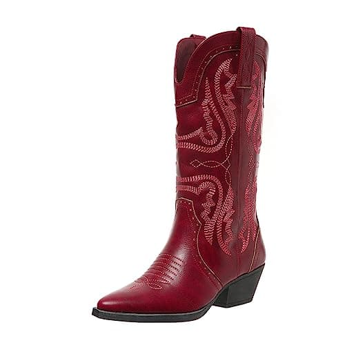 SelRoys Cowboy Boots for Women Cowgirl Mid Calf Western Boots Embroidered Stitched Pointed Toe Chunky Block Heel Brown Red Black US5-11, red, 9 - Image 1