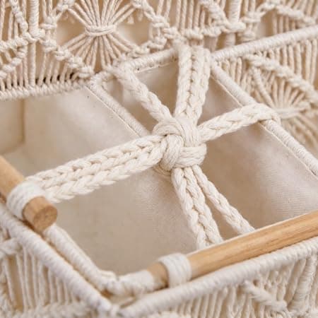 Handcrafted Bohemian Macramé Storage Basket, 13.4"(34cm) L×6.7"(17cm) W×3.9"(10cm) H, Cotton & Solid Wood Handles for Home Organizing, Toiletries, Accessories, Bohemian/Minimalist Decor - Thumbnail 2