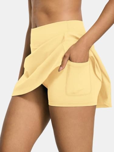 AFFOLE Women's Tennis Golf Skirts High Waisted with Pockets Inner Shorts for Athletic Skorts Sports Running Pickleball Light Yellow - Thumbnail 5