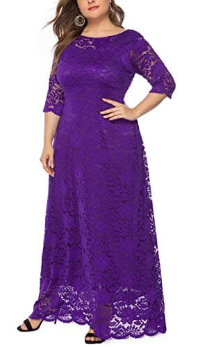 Eternatastic Womens Floral Lace 2/3 Sleeves Maxi Dress Evening Party Long Dress XL Purple - Thumbnail 3