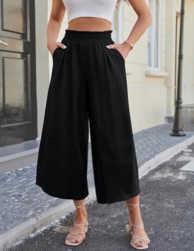 LOOKBOHO Women's Wide Leg Pants Summer Beach Vacation Capri 2-in-1 Cropped/Ankle Length High Waist Palazzo Flowy Slacks Black Large - Thumbnail 2