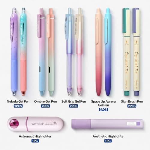 WRITECH Gel Ink Pens Journaling: Aurora Wonderland Pen Set, Gradient Barrels Black Ink Pens Pastel Highlighters Brush Markers, No Bleed Smooth Writing Drawing Gift for Friends 12ct - Thumbnail 2
