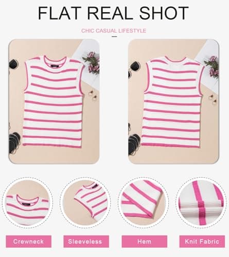 Dokotoo Striped Tops for Women Fashion 2026 Trendy Cute Crewneck Summer Tank Top Sleeveless Loose Vest Tops Dressy Casual Ribbed Knit Sweater Tops Spring Outfits Clothes Rose Stripe Large - Thumbnail 4
