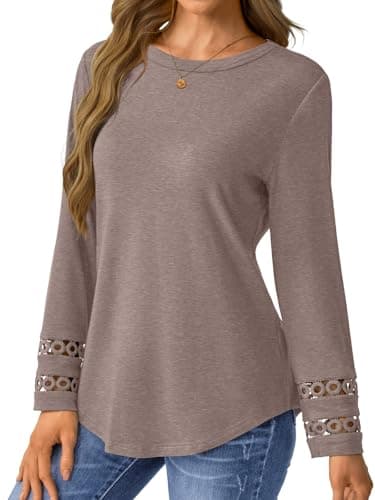 GKBK Womens Long Sleeve Tops Business Dressy Casual Blouses Crewneck Loose Fit Lightweight T Shirts Cute Work Tee Ladies Tunic 2025 Fall Winter Fashion Clothes Trendy Outfits Coffee L - Thumbnail 3