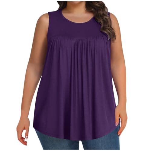 Tummy Hiding Outfits for Women, Plus Size Sleeveless Tank Tops Loose Fit Summer Casual Round Neck Flowy Shirts Purple 3XL - Image 1