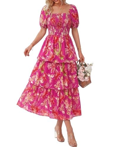 BTFBM Womens Square Neck Smocked Dress Summer Puff Short Sleeve Floral Casual Ruffle Tiered Maxi Wedding Guest Dresses(Floral Rose Red, Small) - Image 1