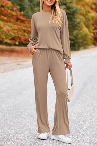 PRETTYGARDEN Womens 2026 Casual Lounge Sets Long Sleeve Tops Wide Leg Long Pants Spring Crewneck 2 Piece Outfits Tracksuits(Khaki,X-Large) - Thumbnail 3