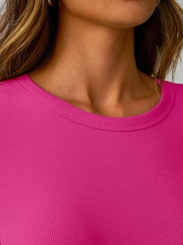 GKBK Womens Long Sleeve Ribbed Tops Slim Fitted Tight Basic T-Shirts Crewneck Layering Lightweight Fall Sweaters 2026 Fashion Outfits Light Hot Pink - Thumbnail 5