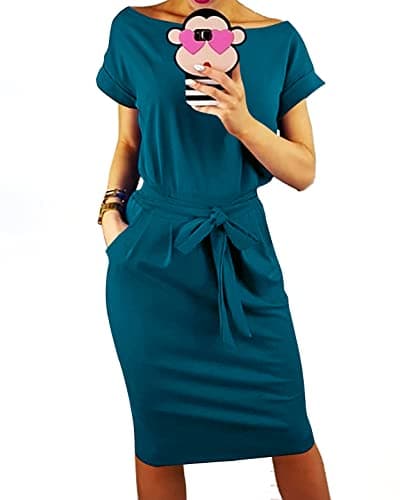 PRETTYGARDEN Women's Summer Short Sleeve Crewneck Striped Dress Basic Solid Tie Waist Office T Shirt Dresses Pockets(Dark Green,X-Large) - Image 1
