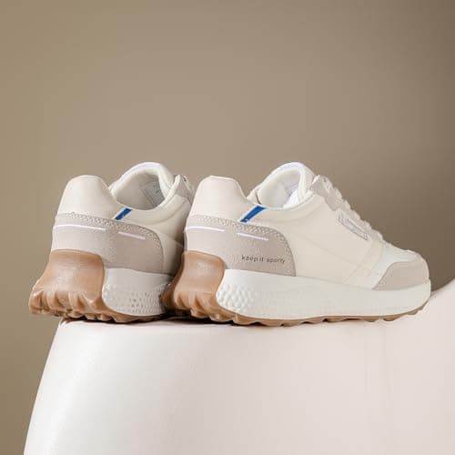 Niaemu Sneakers for Women Lightweight Lace-Up Shoes for Women Non-Slip Artificial Leather TPR Outsole Walking Shoes Tennis Running Fashion Sneakers (10,Beige) - Thumbnail 2