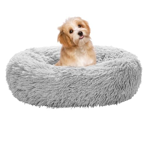 Calming Dog Bed for Small Melium Large Dogs Donut Washable Pet Bed for Puppy and Kitten Anti-Anxiety Donut Warming Cozy Soft Round Bed with Slip-Resistant Bottom (Grey, 24" L x 24" W x 8" Th)