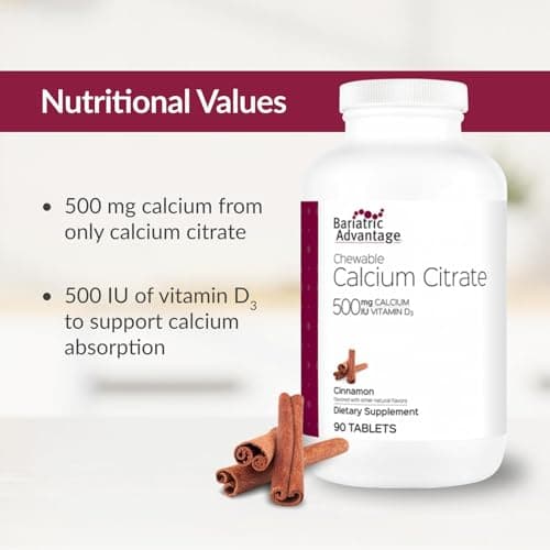 Bariatric Advantage Calcium Citrate Chewable 500mg with Vitamin D3 for Bariatric Surgery Patients Including Gastric Bypass and Sleeve Gastrectomy, Low Sugar - Cinnamon Flavor, 90 Count - Thumbnail 5