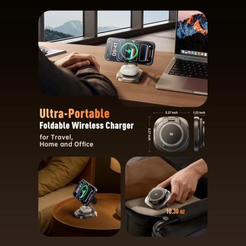 REWONDER Qi2.2 25W Magnetic 3-in-1 Wireless Charger, Foldable Aluminum Charging Stand for iPhone 17/16/15, Pixel, Apple Watch & AirPods, Strong Magnet Stable Base,Travel Charger (Adapter Not Included) - Thumbnail 3