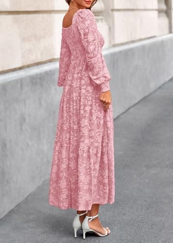 KIRUNDO Wedding Guest Dresses for Women 2026 Fall Long Sleeve Smocked Floral Flowy Spring Baby Shower Maxi Dress Pockets (Pink, XX-Large) - Thumbnail 2